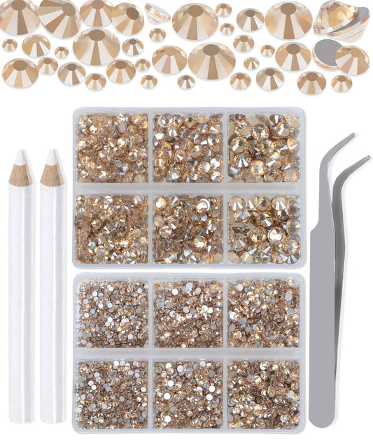 LPBeads 6000 Pieces Champagne Non Hotfix Rhinestones 6 Sizes Round Crystal Glass Flat Back