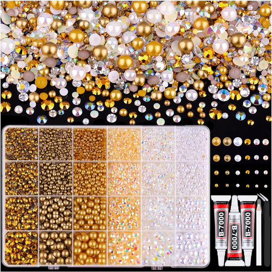 9000PCS Flatback Pearls and Rhinestones for Crafting, White Brown 3-10mm Resin Rhinestones and Half