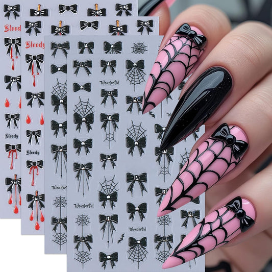 4 Sheets Embossed Halloween Nail Stickers for Nail Art 5D Self-Adhesive Black Bow Spider Web Nail