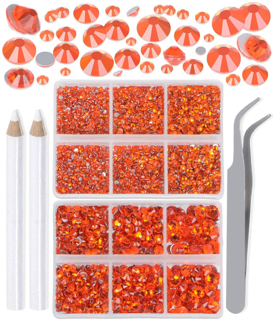 LPBeads 6000 Pieces Orange Non Hotfix Rhinestones 6 Sizes Round Crystal Glass Flat Back Rhinestones
