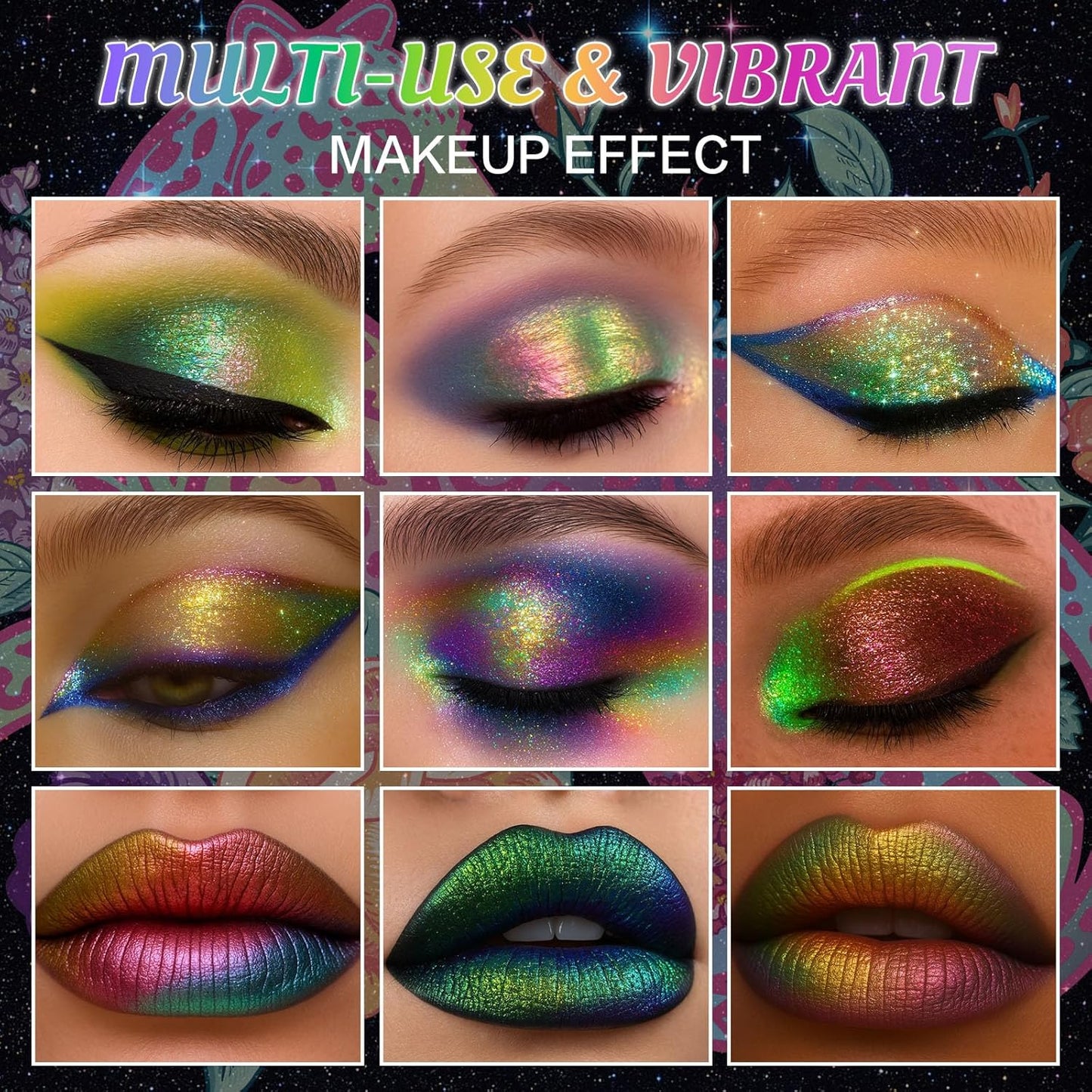 UCANBE Chameleon Multichrome Eyeshadow Palette, 10 Colors Shifting Chromatic Sparkling Metallic Eye Shadow, Multi-Use Blendable Holographic Glitter Shimmer Eye Makeup Palllet (Lunar Mirage)