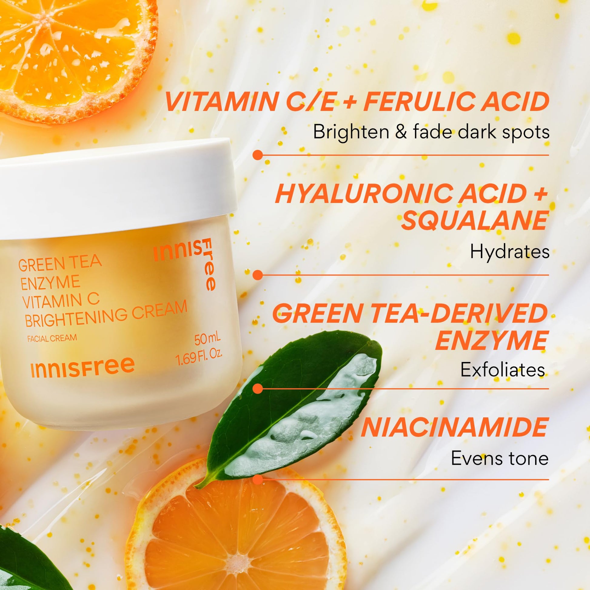 innisfree Green Tea Enzyme Vitamin C Brightening Cream | Korean Face Moisturizer with Hyaluronic
