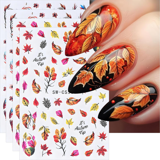 Fall Maple Leaves Nail Art Stickers for Thanksgiving, Fall Nail Art Decals 3D Self-Adhesive Leaf