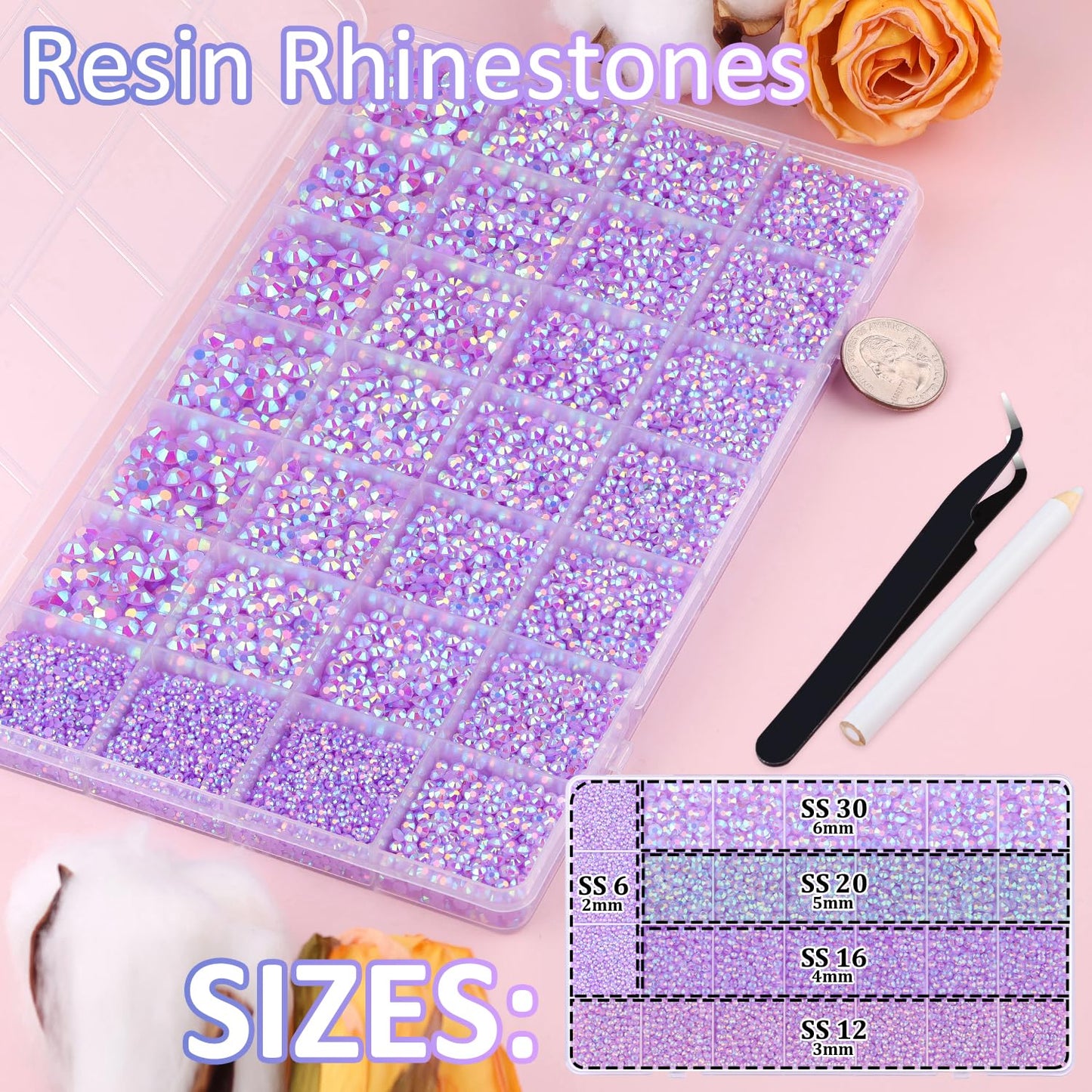 30000Pcs Resin Rhinestones for Bedazzling with Tweezers, Lavender Purple AB Rhinestones for Crafting with B7000 Jewelry Glue for DIY Crafts Clothing Tumblers Shoes Fabric Nail Art