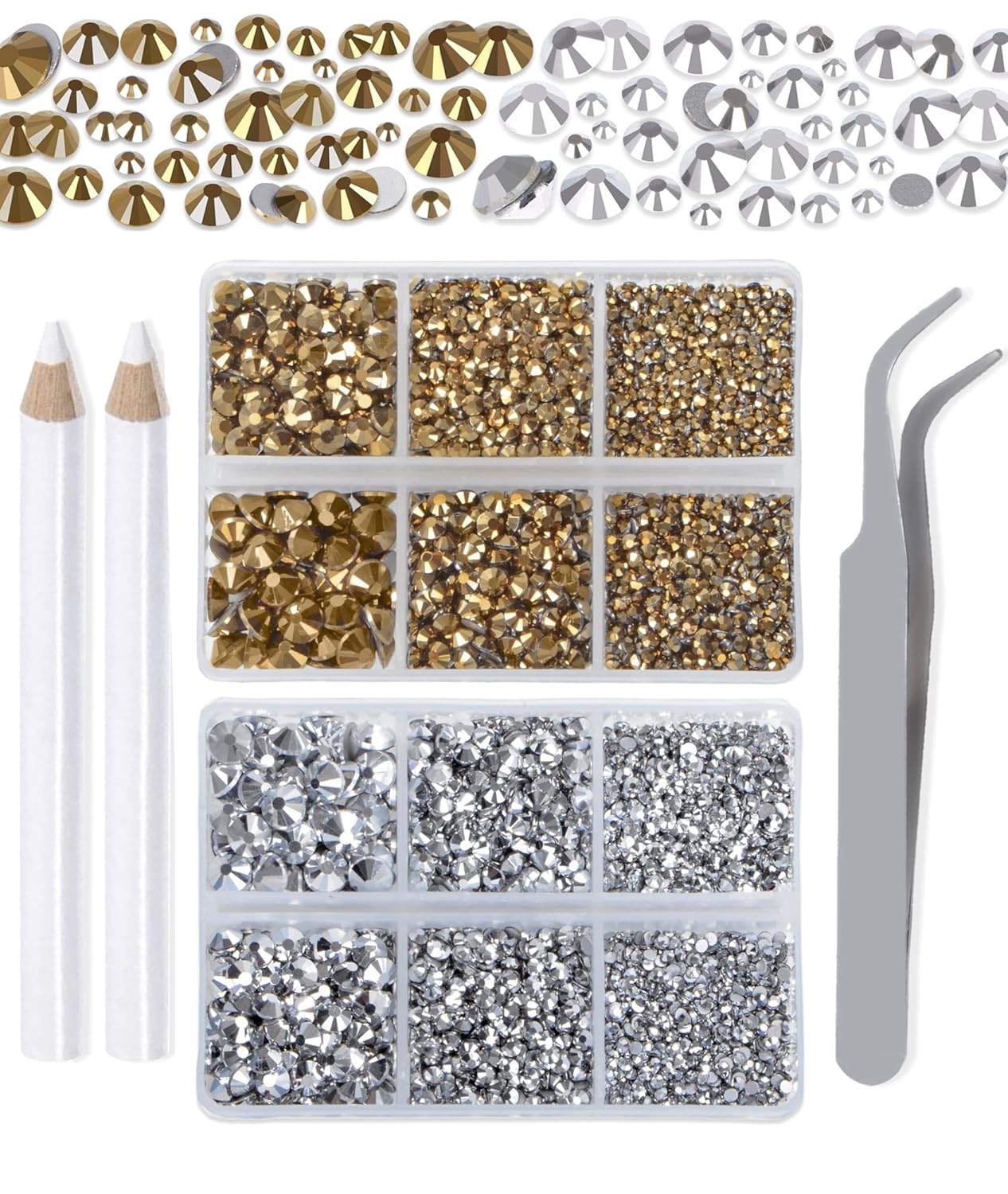 LPBeads 6000 Pieces Metallic Gold and Metallic Silver Non Hotfix Rhinestones 6 Sizes Round Crystal Glass Flat Back Rhinestones with Tweezers and Picking Pen for Nail Art Crafts Clothes Bags DIY