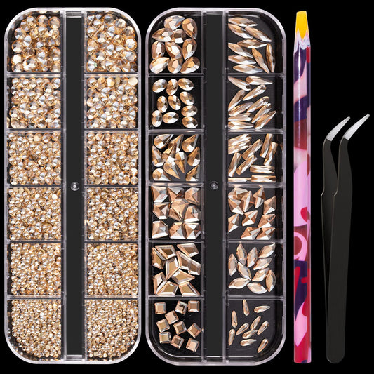 Multi Shapes Champagne 3D Glass Crystal Nail Art Rhinestones Kit with Flatback Round Bead Charm Gem