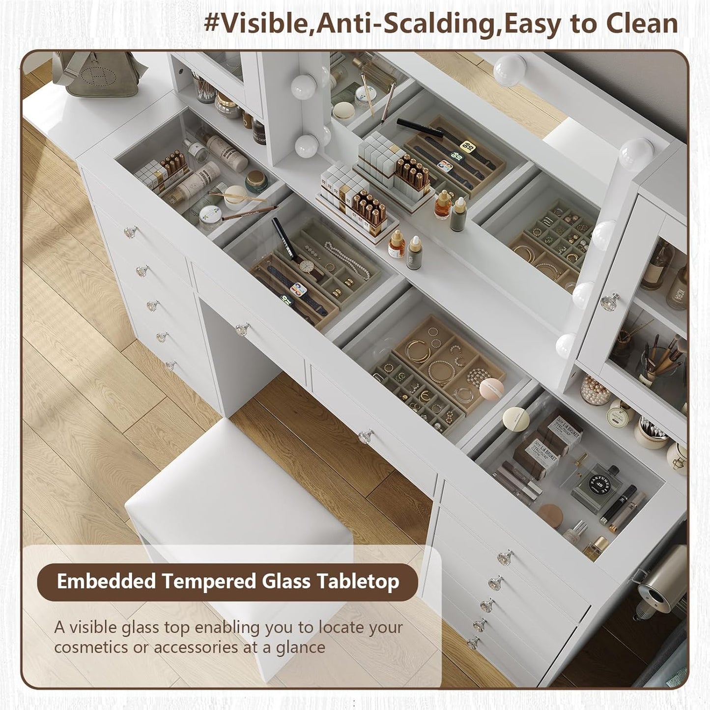 Vanity with Mirror and 10 LED Lights,Vanity Desk with Power Outlet, Makeup Vanity with 12 Drawers and 2 Cabinets, Fold-up Panel, Glass Top Vanity Table with Chair for Bedroom, White