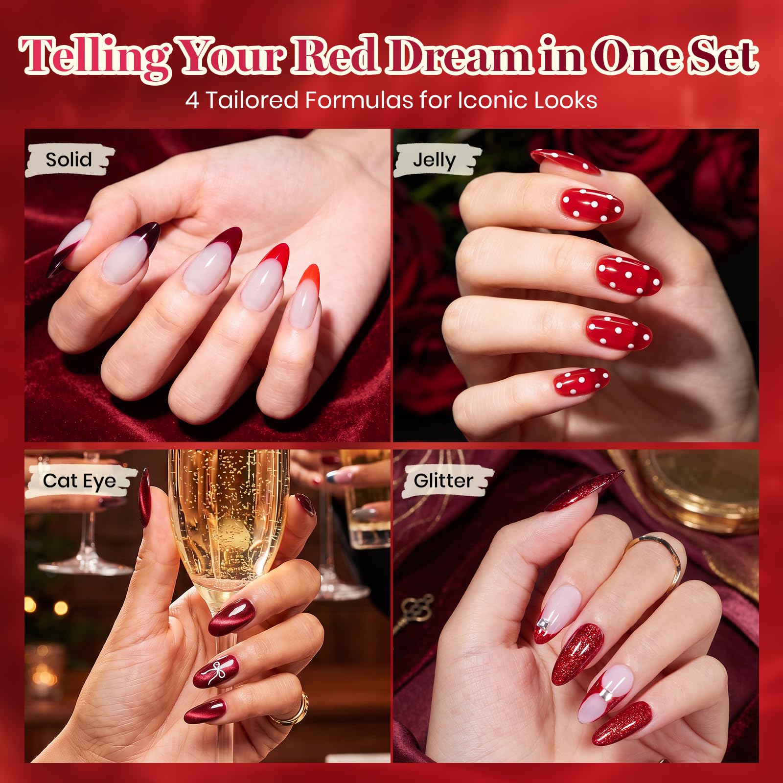Beetles Red Gel Nail Polish Set, Jelly Glitter Cat Eye Solid Color