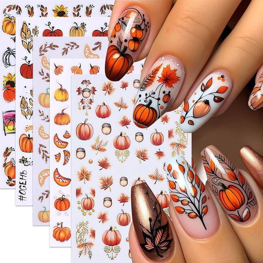 5Sheets Fall Nail Stickers Autumn Maple Leaf Nail Art Stickers 3D Self Adhesive Maple Leaves Nails