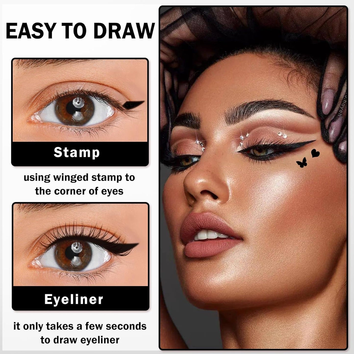 2PCS Double-headed Eyeliner Stamp Pencil Black Liquid Winged Eyeliner Stamp Pen Waterproof Smudgeproof Eye Liner Stamp for Eye Makeup(Heart+Star)