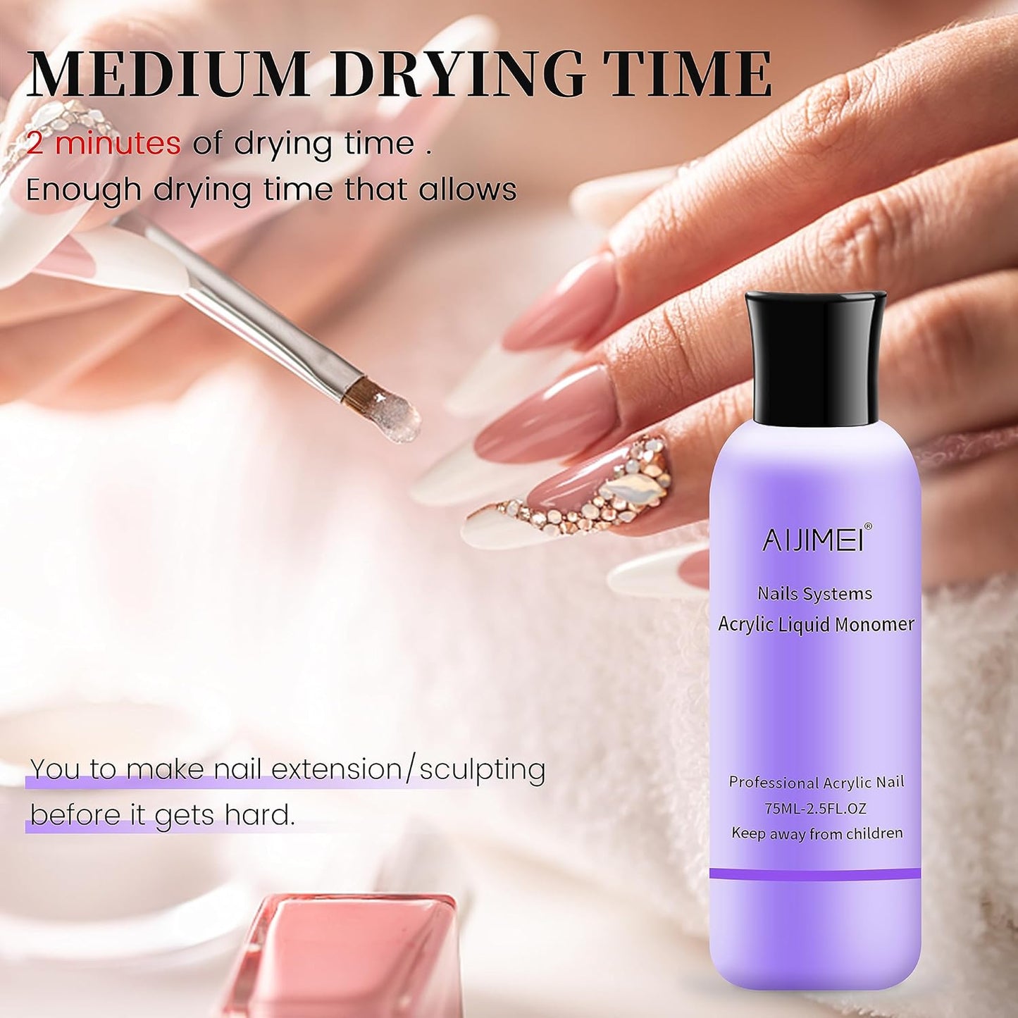 AIJIMEI Acrylic Nail Liquid Monomer 75ml/2.5fl.oz, Acrylic Nail Monomer Liquid Nail Extension Nail System