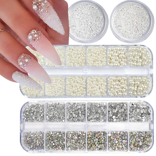 4 Boxes Flatback Rhinestones and Pearls Nail Charms for Acrylics - Crystals, Half Rounds, and
