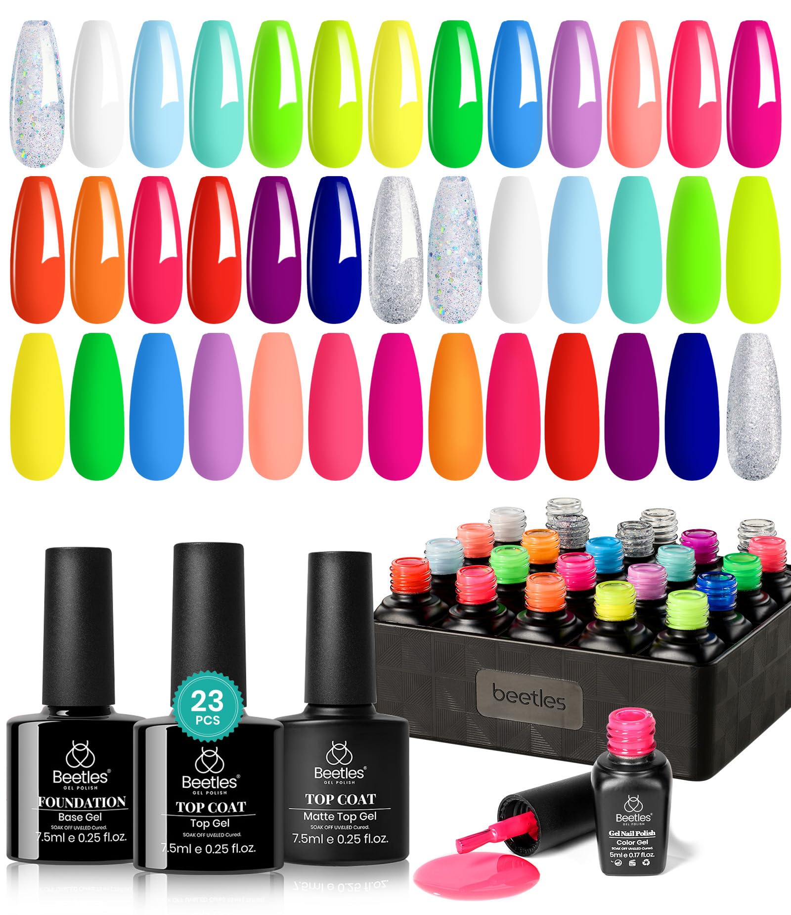 Beetles Neon Gel Nail Polish Set, 23 PCS 20 Color Rainbow Gel Polish Kit