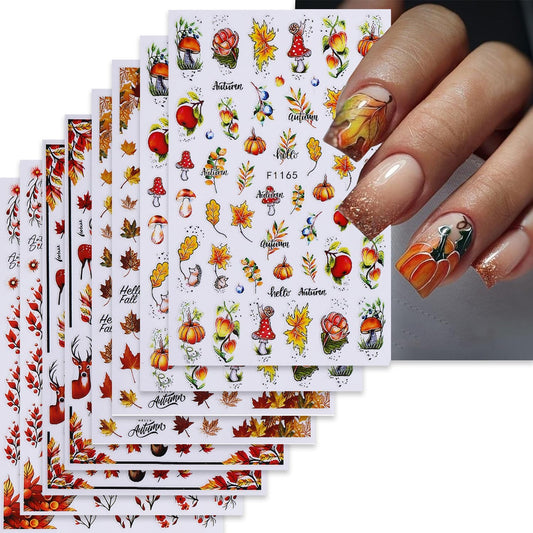 8 Sheets Thanksgiving Nail Art Stickers Decals Fall Maple Leaf Nails Decals Self-Adhesive Autumn