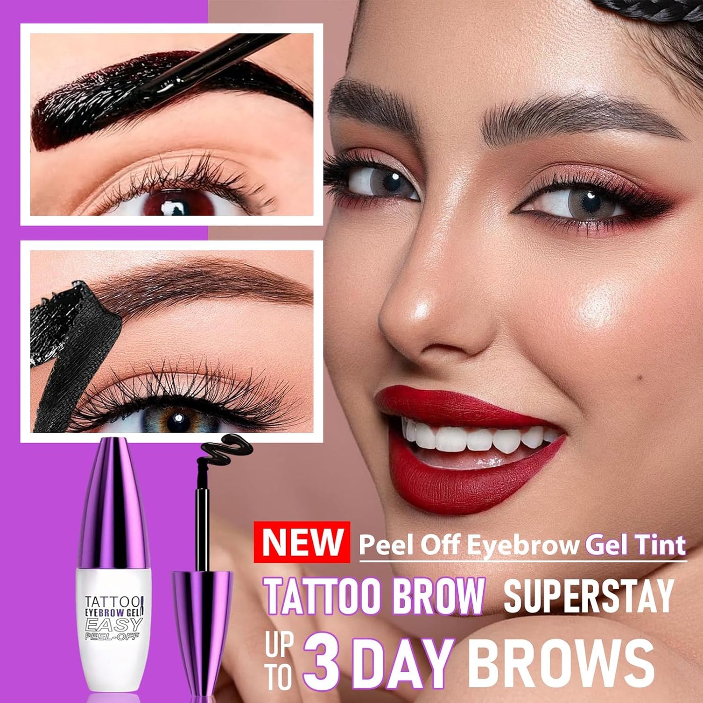 Tattoo Eyebrow Gel Easy Peel Off, Waterproof & Long Lasting Up to 3 Days, Semi-Permanent Peel Off Brow Tint Gel for Sparse Brows, Transfer-proof, Natural Color for Fuller Defined Brows (Gray Brown)