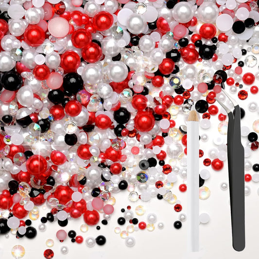 80g Mix Flatback Pearls and Rhinestones for Crafts Red Black and White Mixed Size 2mm-10mm Half
