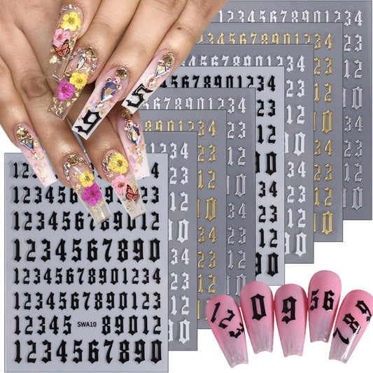 8Pcs Number Nail Stickers 3D Self-Adhesive Laser Arabic Numbers Nail Art Stickers Black White Gold