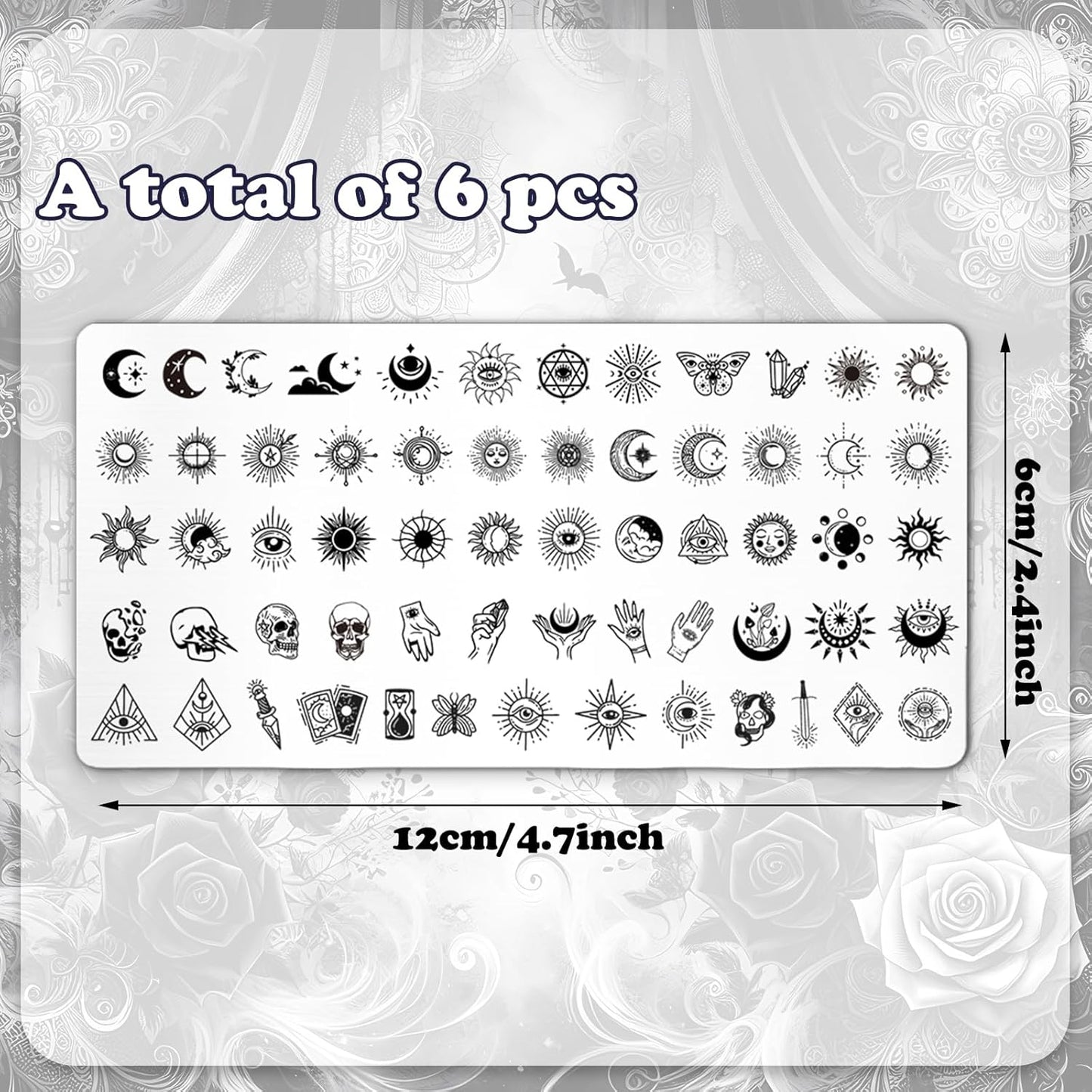 Whaline 6Pcs Gothic Halloween Nail Plates Stamping Set Skull Evil Eye Moon Stamp Templates Halloween Nail Art Plates for DIY Print Manicure Salon Design