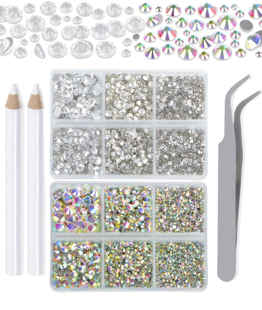 LPBeads 6000 Pieces Clear and Clear AB Non Hotfix Rhinestones 6 Sizes Round Crystal Glass Flat Back