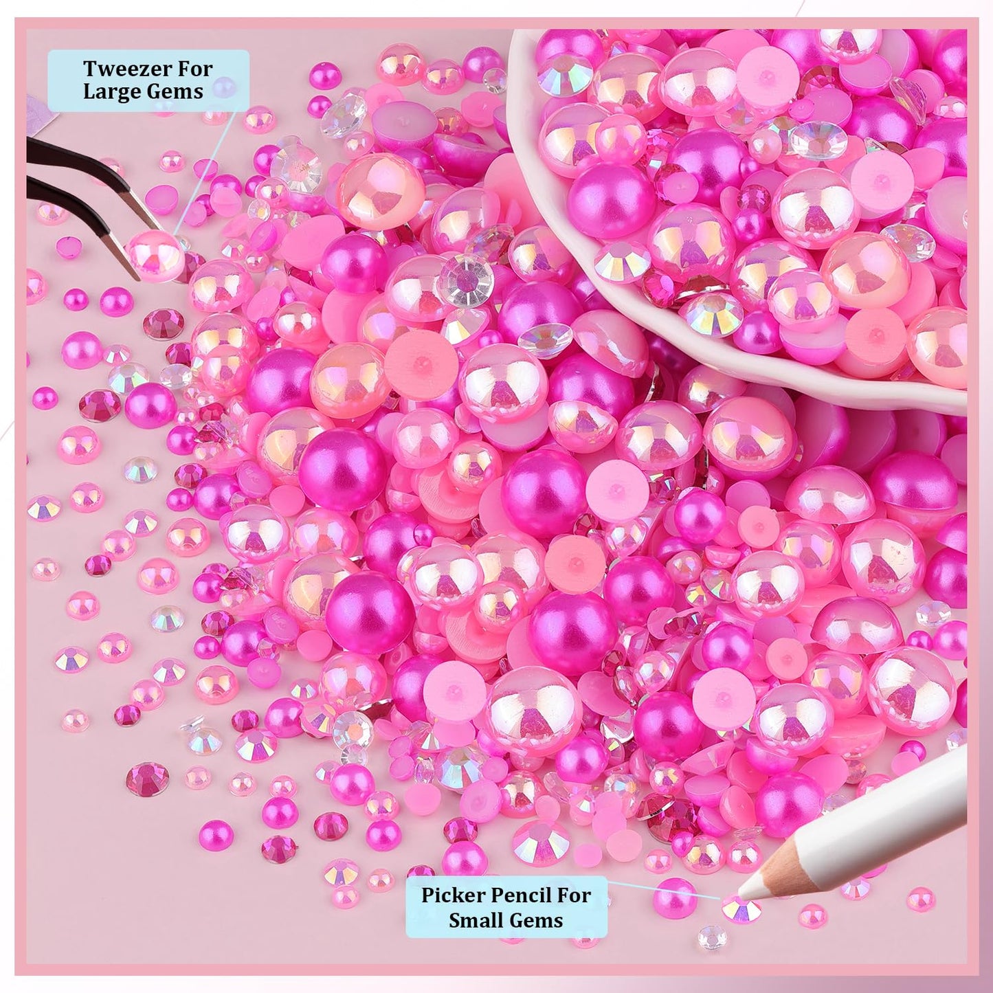 9000Pcs Flatback Pearls and Rhinestones for Crafting, Hot Pink Light Pink Mixed Size 3-8mm Resin Rhinestones and Half Pearls for Bedazzling, Nail Art with Tweezers and Pickup Pencil