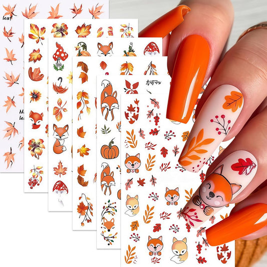 6Pcs Maple Leaf Nails Stickers,Fall Maple Leaf Nail Art Sticker Thanksgiving Pumpkin Nail Stickers