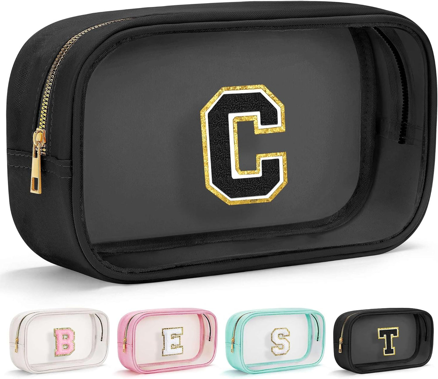 YOOLIFE Travel Clear Makeup Bag Toiletry Bag, Make up Bag Waterproof Toiletry Bags for Women Cosmetic Bag Birthday Gifts for Women Personalized Mother Girlfriend Wife Bridesmaid Gifts Black Letter C