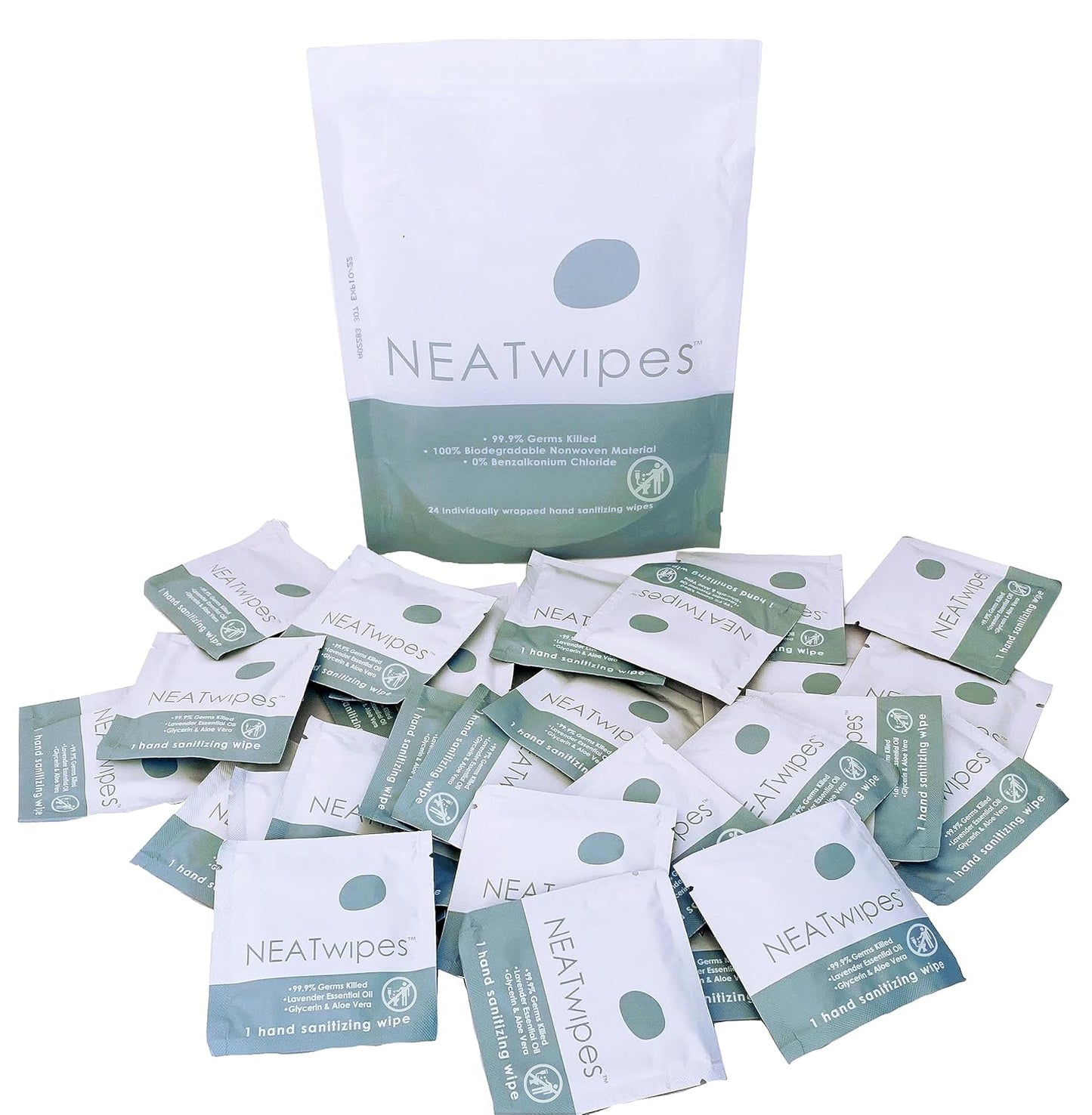 NEATwipes Hand Sanitizing Wipes | Travel Size | Disposable Wet Wipe & Planet Friendly | Lavender Essential Oil & Soothing Aloe | 24 Individually Wrapped Wipes per Package