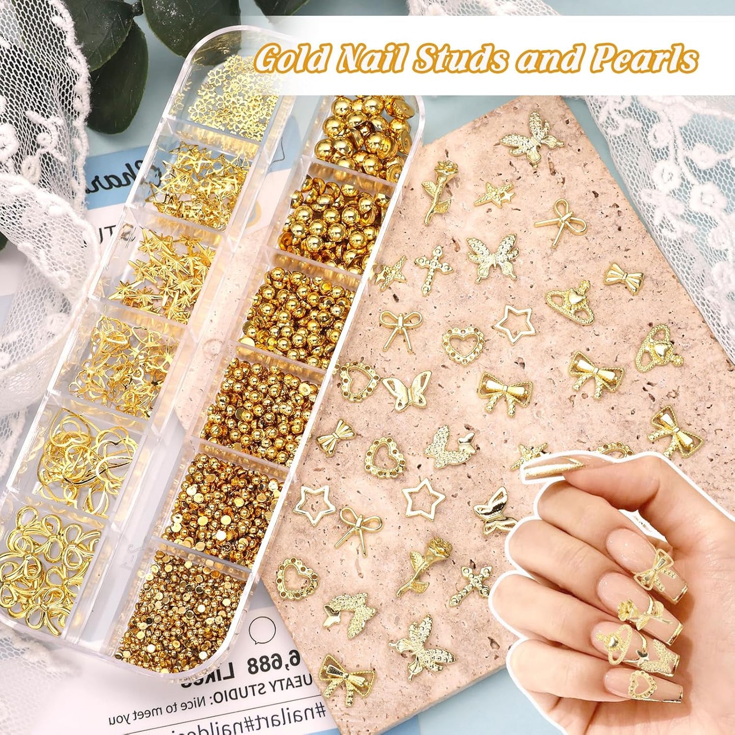 Cross Star Gold Nail Charms, 3D Cross Star Nail Charm Flower Bow Alloy Nail Art Charm, Gold Half Pearls Beads Gems for Nails Art Y2K Supplies