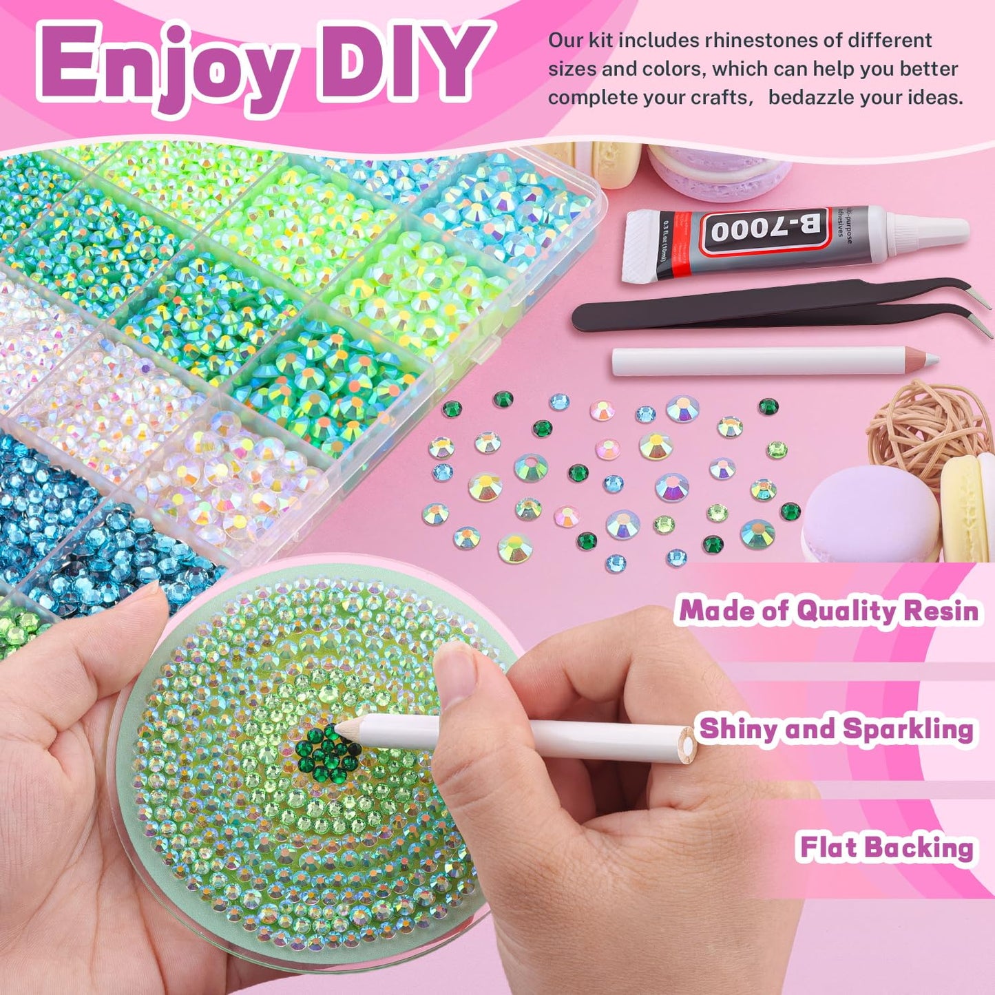 20000Pcs Green Rhinestones for Bedazzling with 3Pcs B7000 Jewelry Glue, Resin Rhinestones for Crafting Crafts，Bedazzler Kit Flatback Gems for Clothing Shoes Tumblers Nail Art