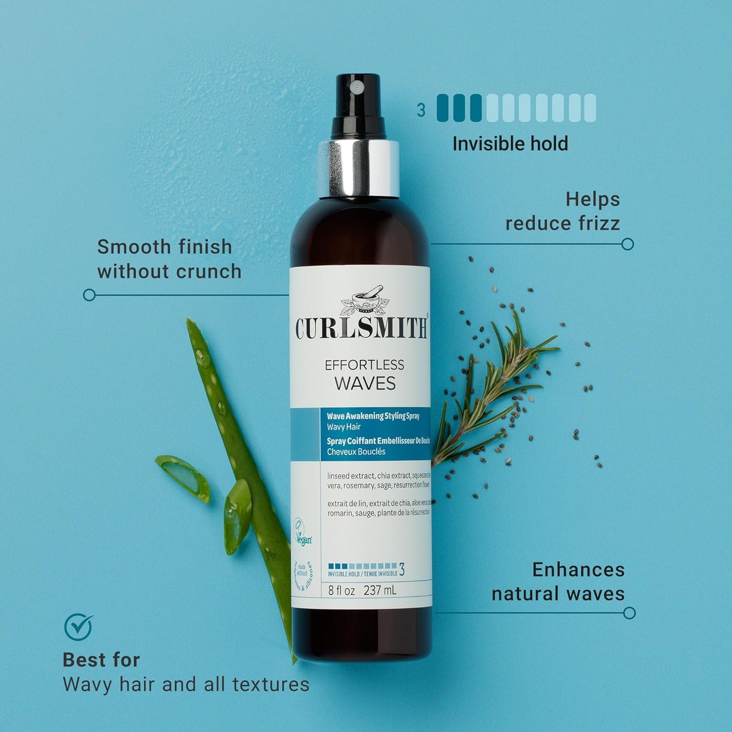 CURLSMITH - Effortless Waves Styling Spray, Lightweight and Moisturising, Reduce Frizz, Natural Look, For Wavy and Curly Hair, Vegan (59ml/2 fl oz) Trial or Travel Size