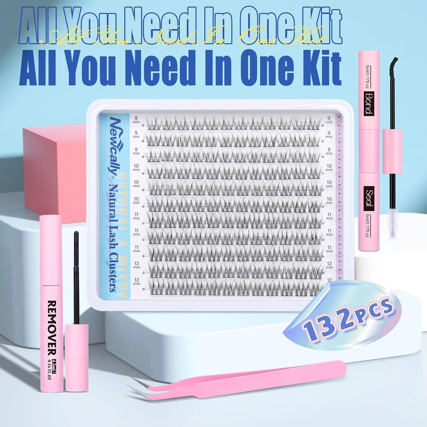 Natural Lash Clusters Kit DIY Lash Extension Kit Wispy Eyelash Extension Kit C-curly Individual Lashes Kit 9-12MM Short Eyelash Clusters with Lash Remover by Newcally