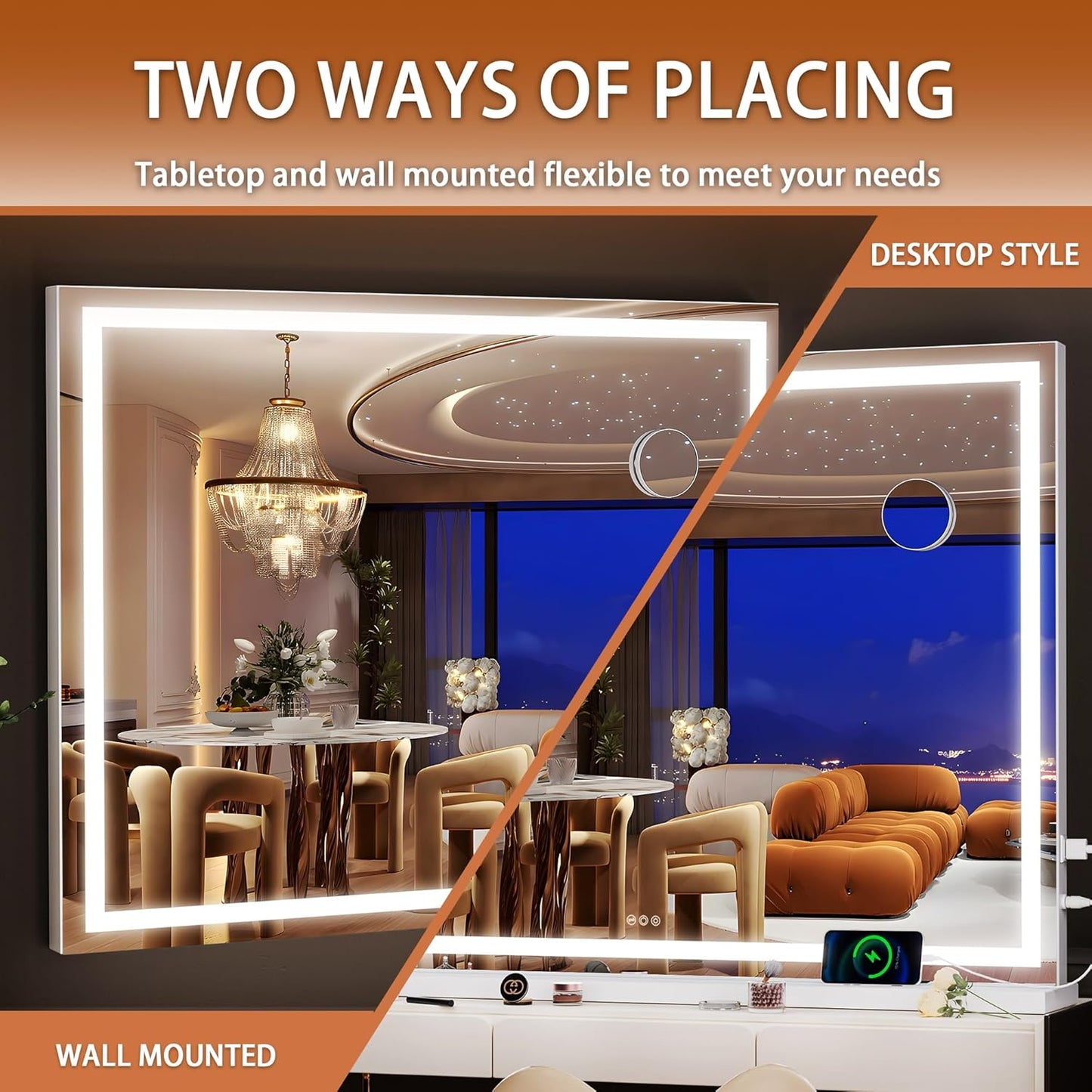 Hasipu Vanity Mirror with Lights, 37" x 26" LED Makeup Mirror, Lighted Makeup Mirror with Dimmable 3 Modes, Touch Screen Control Vanity Mirror Square White