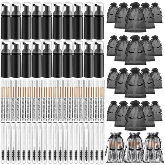 Zhehao 80 Pcs Lash Shampoo Bottle Brushes Kit 20 Foam Pump Dispensers 20 Lash Shampoo Brushes 20 Eyelash Aftercare Bag 20 Cleaning Pipes, Eyelash Extension Supplies(Black)