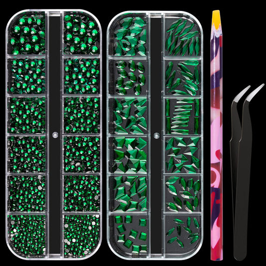 Multi Shapes Dark Green 3D Glass Crystal Nail Art Rhinestones Kit with Flatback Round Bead Charm