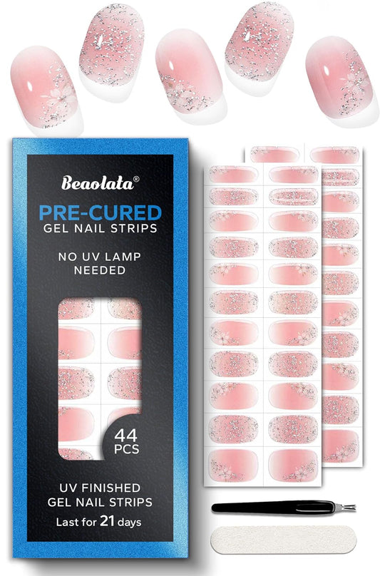 Pre Cured Gel Nail Strips - 44PCS Salon Quality Gel Nail Stickers - Long Lasting Polish Wraps for