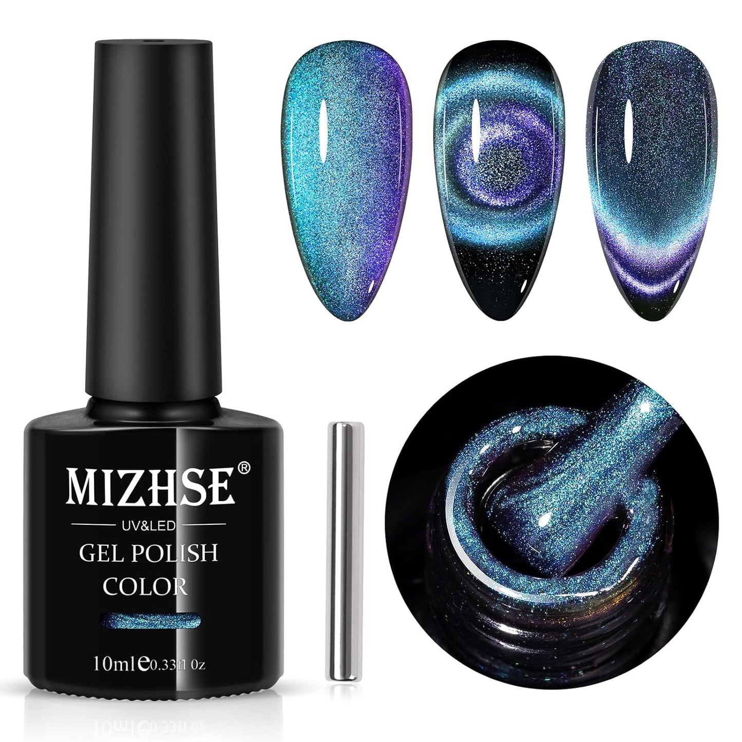 MIZHSE 9D Cat Eye Gel Nail Polish, Dual Colors Blue & Purple Magnetic Gel Polish with Magnet Stick, Magic Chameleon Galaxy Effect Holographic Glitter Silky Cat Eye Nail Polish Soak Off Nail Art Salon