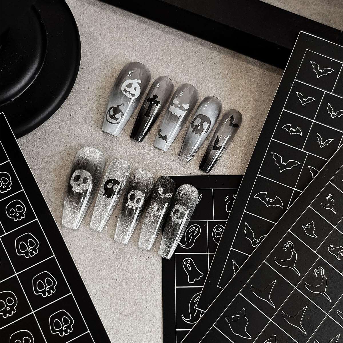 Halloween Nail Stickers Airbrush Stencils Stickers for Nail Art Self Adhesives with Skull Ghost Witch Bat Pumpkin Grimace Designs Supplies Design Nail Guide for Manicure Nails Decoration 6 Sheets