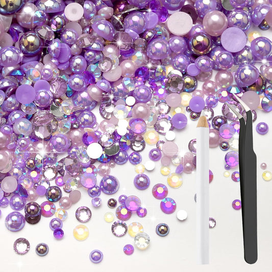 80g Mix Flatback Pearls and Rhinestones for Crafts Dark Purple Mixed Size 2mm-10mm Half Round