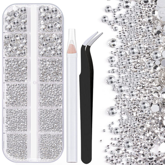 One Pack 2000 Pcs of Flatback Transparent White Clear Round Crystal Rhinestones 6 Sizes (1.5-6 mm)