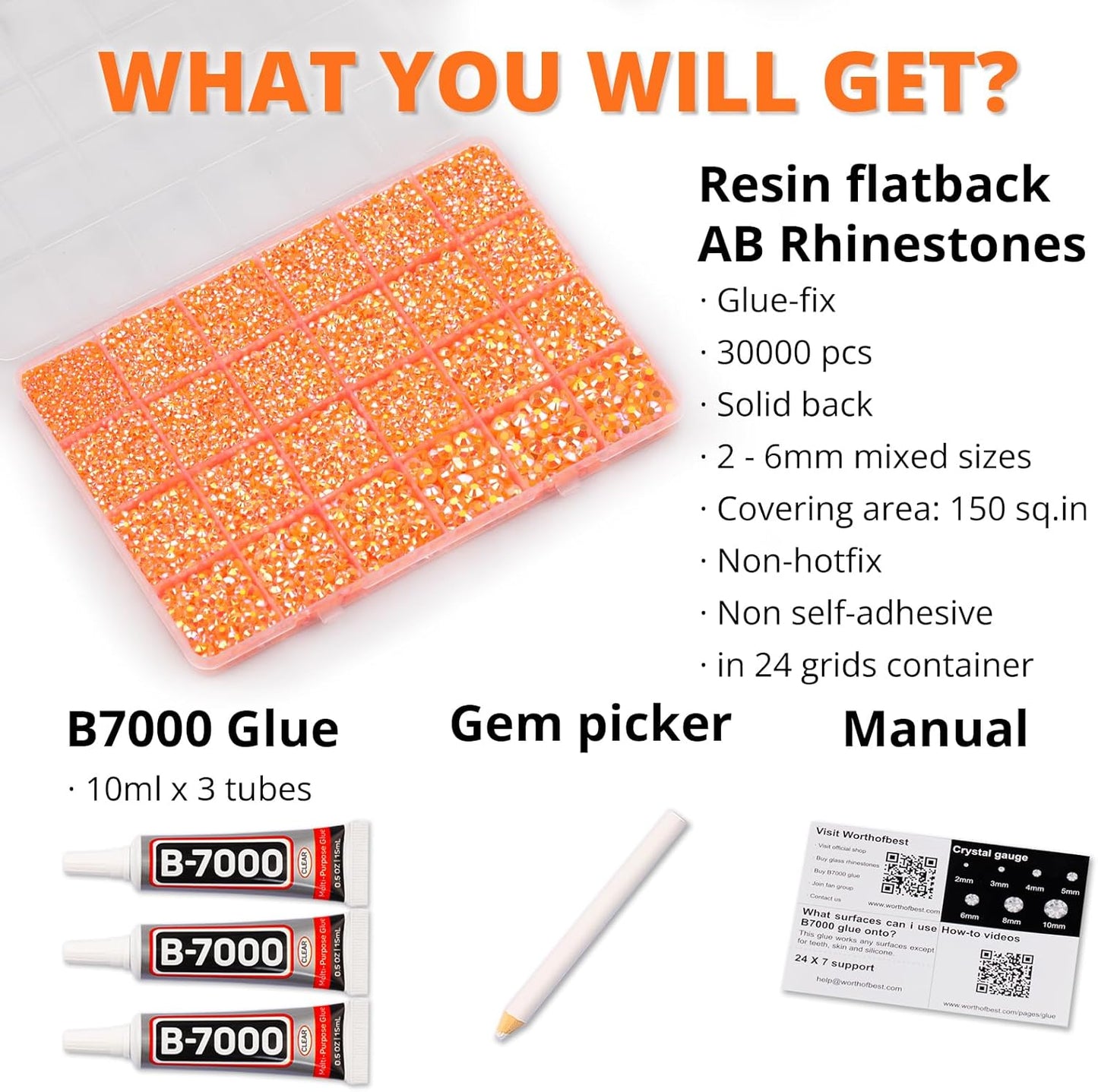30000Pcs Resin Jelly Rhinestones Set for Crafting Bedazzling, Orange AB Flatback Gems Jewels for Crafts Clothes Shoes Fabric Outfit Nails Makeup, Flat Back Crystal 2-6mm with b 7000 Glue