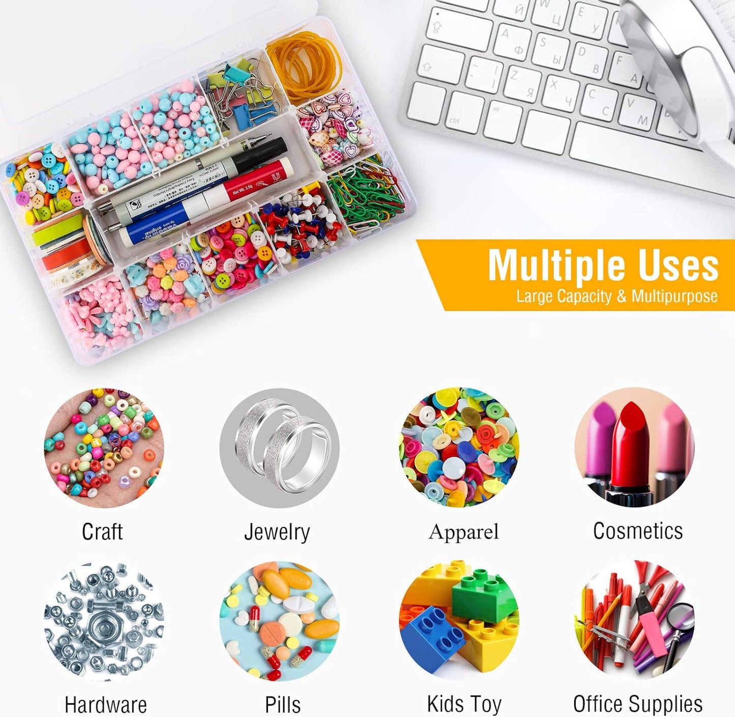 15 Large Grids Plastic Organizer Box with Dividers, Clear Compartment Container Storage for Washi Tapes Beads Crafts Jewelry Fishing Tackles, Size 11 x 6.3 x 2.2 in