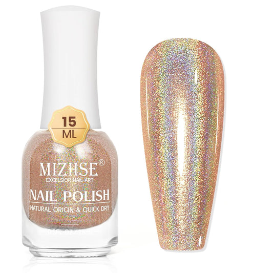 MIZHSE Holographic Nail Polish, Light Brown Shimmery Nail Polish Non Gel, Air Dry Fast Glossy Shiny