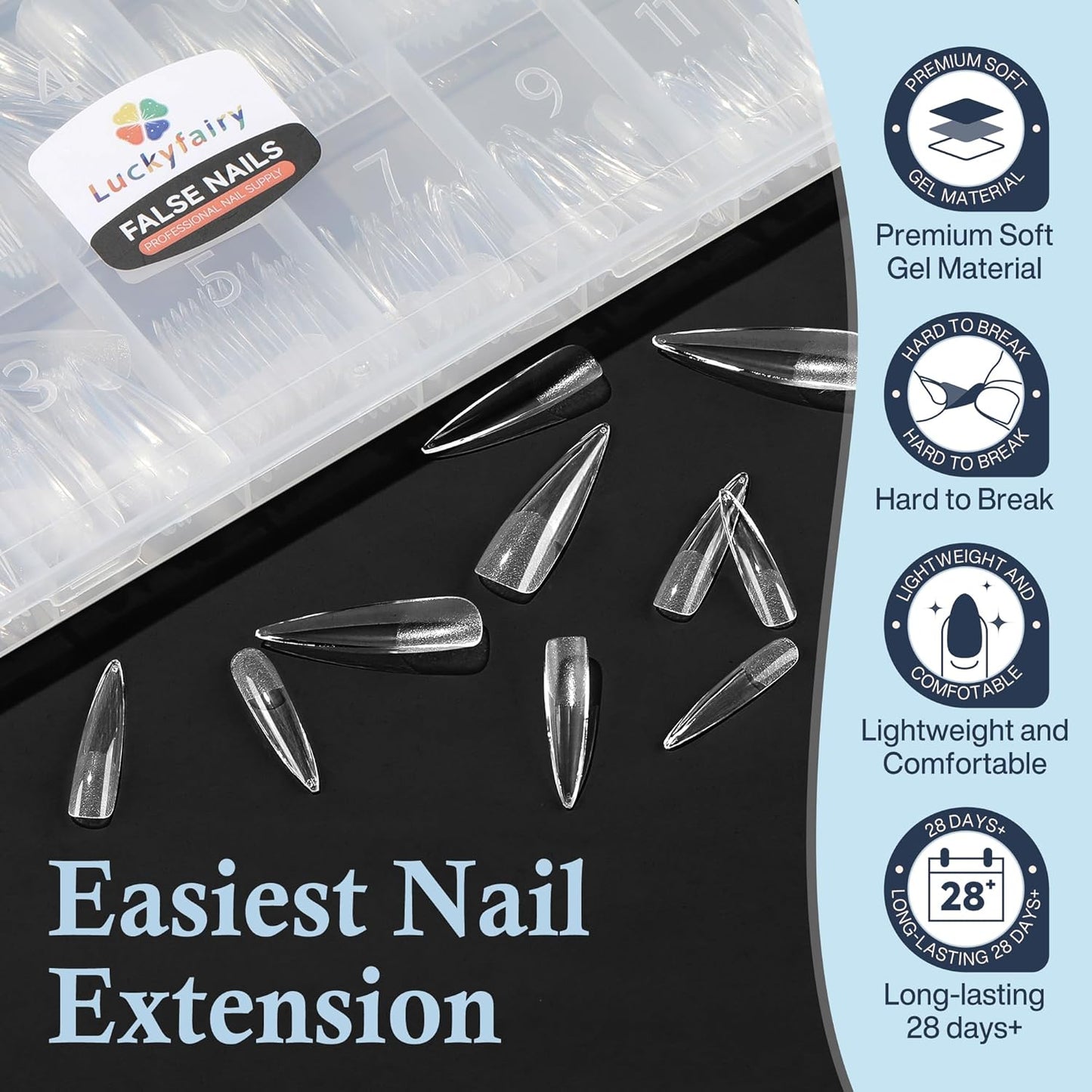 Stiletto Nail Tips Extra Long 240Pcs Pre-shaped Full Cover Fake Nail Tips No Filed Soft Gel Stiletto Acrylic Nails for Soak Off Nail Extension Nail Art DIY 12Sizes