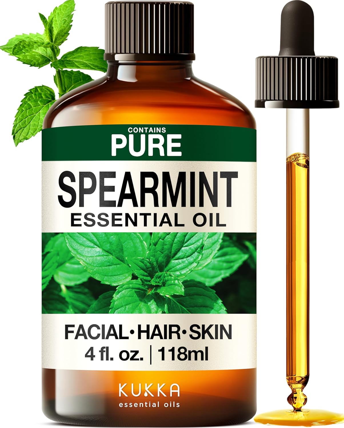 Kukka Spearmint Oil for Facial Hair - 4 Fl Oz - Aromatherapy Spearmint Essential Oil for Skin & Hair Care, Diffuser, Bath Bombs, Soaps and Candles, DIY Soap Making Scents