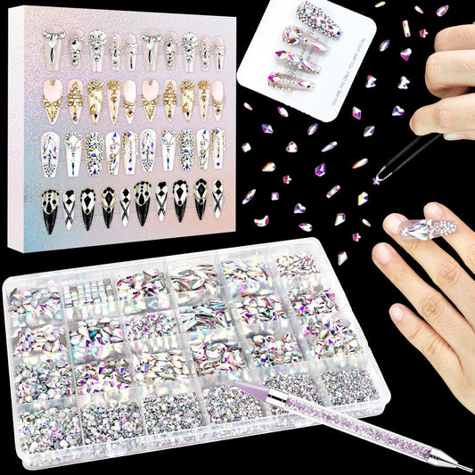 Dowarm 6000pcs Nail Rhinestones Kit, 16 Types of 800PCS Special-Shaped Diamonds + 5200PCS Flatback