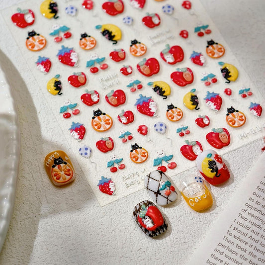 Apple Nail Art Stickers Cat Nail Decals for Nails Art Cute Nail Stickers Red Orange 5D Embossed