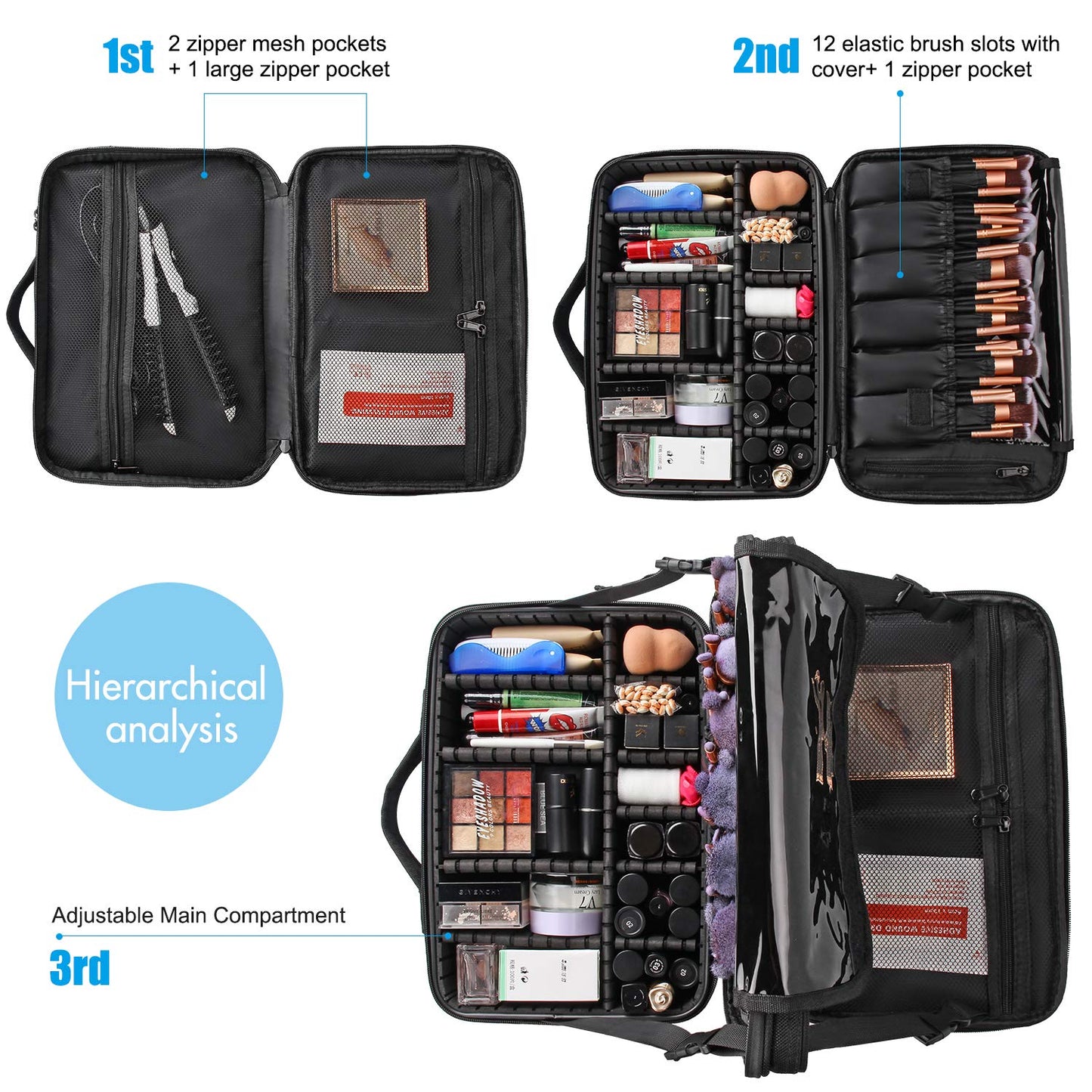 MONSTINA Travel Makeup Train Case,13.8 inches Large Cosmetic Case,Makeup Brush Holder Organizer and Storage with Adjustable Dividers and Shoulder Strap (Black)