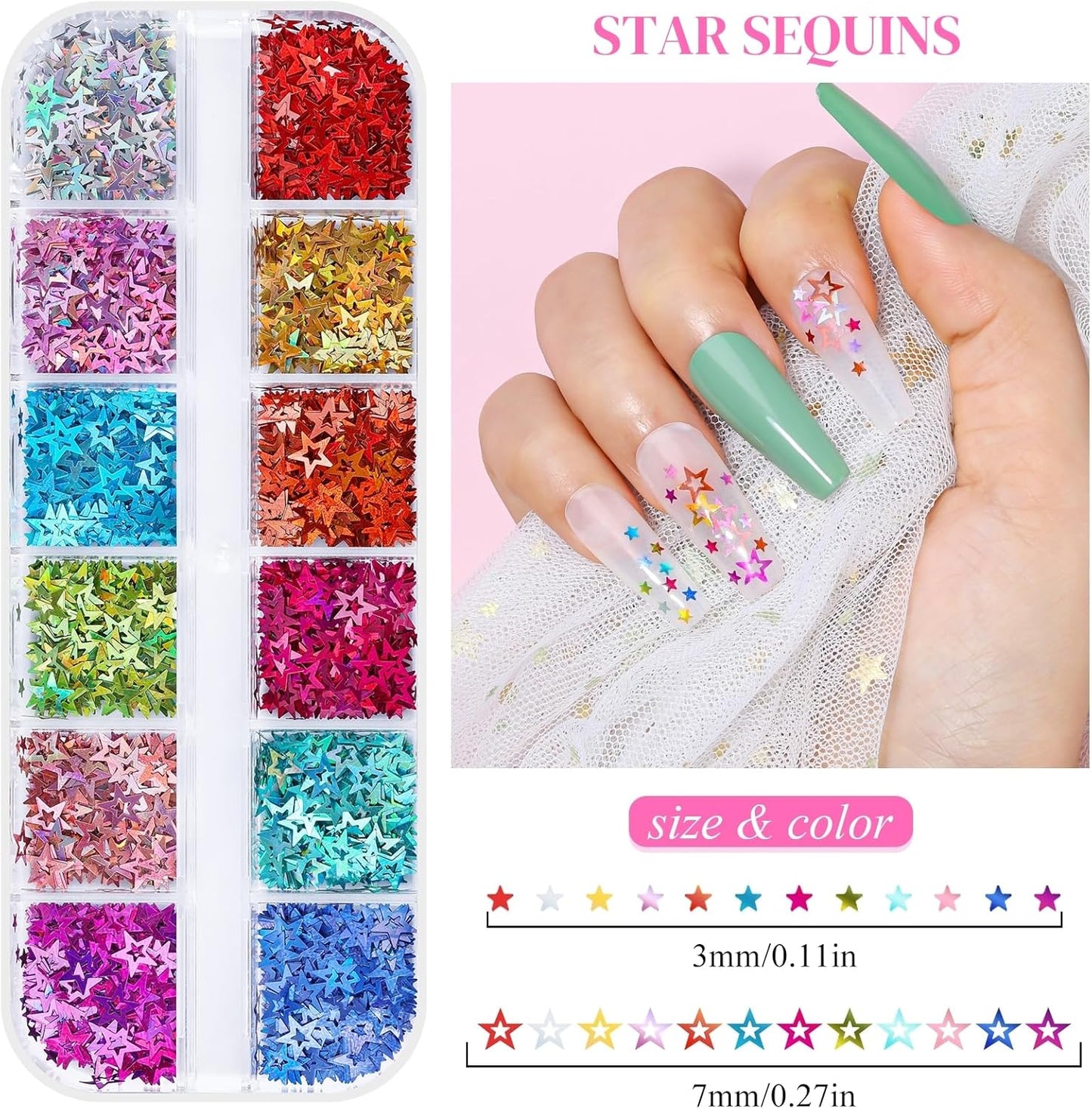 5 Boxes 60 Colors Holographic Nail Art Sequins Kit, Iridescent Sparkle Laser Hollow 3D Star Butterfly Heart Round Mixed-shapes Nail Glitter Flakes for Manicure Body Makeup Craft DIY (1-colorful-kit1)