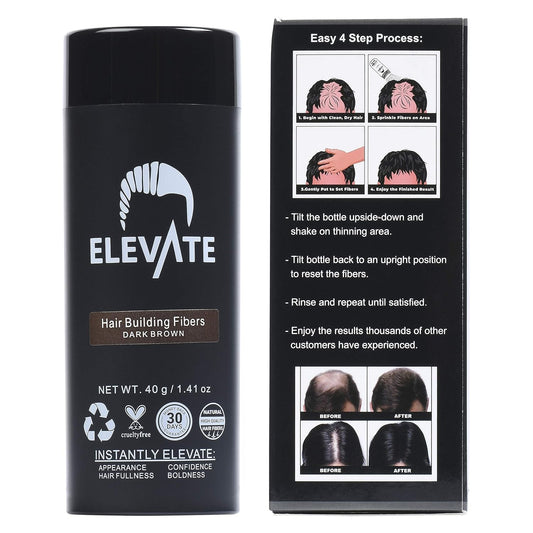 ELEVATE Hair Fibers for Thinning Hair Large Size 40g Bottle - 100% Natural Undetectable Keratin Fibers to Instantly Fill in Thinning Balding Loss Area Fuller in 30 Seconds Men & Women (Dark Brown)