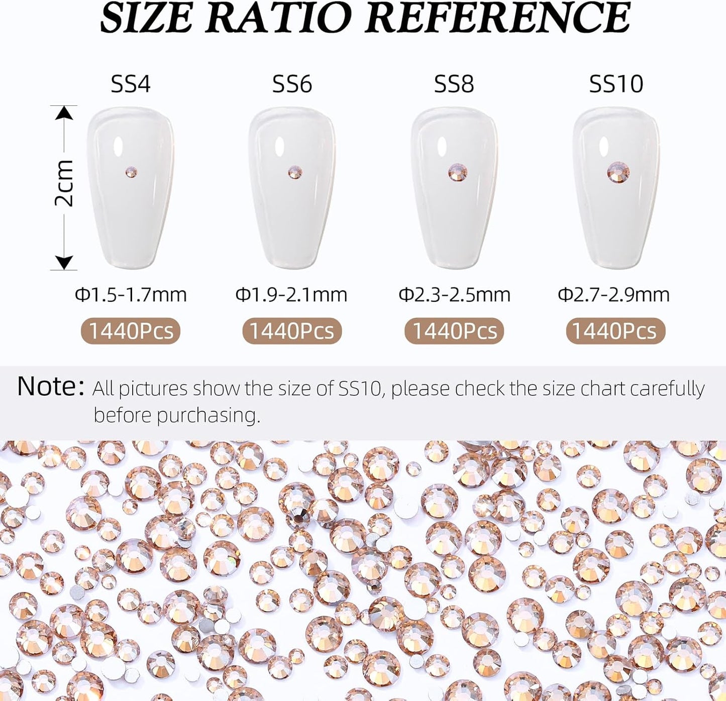 Gold Shadow Flatback Rhinestones, Glass Rhinestones for Nail Art and Craft, Glue Fix, Loose Crystal Gemstones(Gold Shadow, SS10, 1440pcs, 2.7-2.8mm)